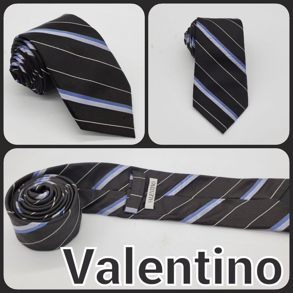 Valentino Tie Striped Black Blue Made in Italy 100% Silk
